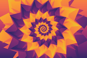 Poster - Beautiful mandala flower illustration with gradient orange, yellow, purple, pink petals on gradient orange, pink, purple background. Geometric spiral pattern. Vector eps 10