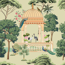 Traditional Mughal Garden, Lotus, Arch, Temple, Lamp, Peacock, Bird Vector Illustration Seamless Pattern For Wallpaper
