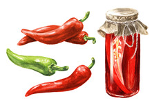 Canned Red Hot Chili Pepper Set. Hand Drawn Watercolor Illustration, Isolated On White Background