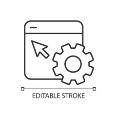 Sticker - Website settings configuration linear icon. Page content modification. Kind of website. Customization. Thin line illustration. Contour symbol. Vector outline drawing. Editable stroke. Arial font used