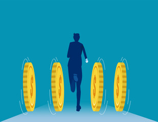 Wall Mural - Businessman run forward with coins. Business investor vector concept