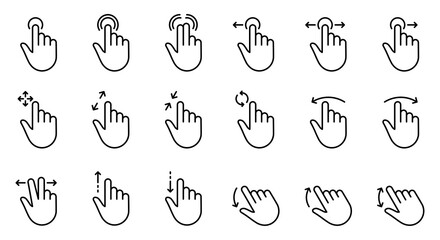 Poster - Hand Finger Touch, Swipe and Drag Outline Icon Set. Pinch Screen, Rotate Up Down on Screen Line Icon. Gesture Slide Left and Right Linear Pictogram. Editable Stroke. Isolated Vector Illustration