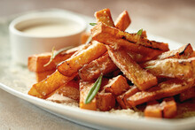 Sweet Potato Fries With Sauce. Close-up. Selective Focus