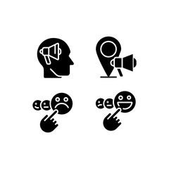 Sticker - Promotion and feedback black glyph icons set on white space. Neuromarketing technique. Local marketing. Client satisfaction. Silhouette symbols. Solid pictogram pack. Vector isolated illustration