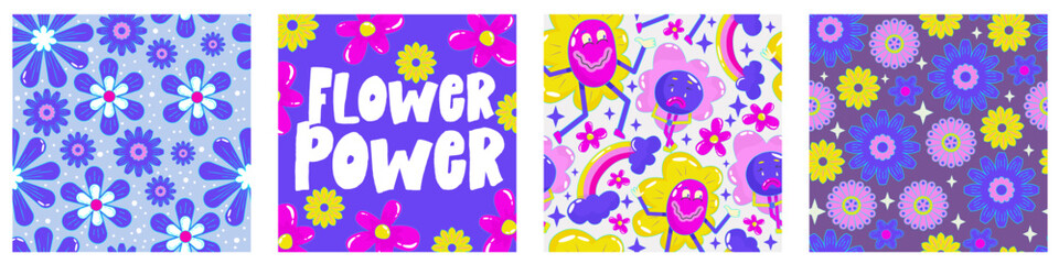 Wall Mural - Daisy flower power poster set for print design. Abstract trippy psychedelic pattern. Flower power. Funny vector illustration. Retro 1990 poster for tshirt design