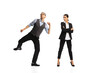 © Lustre Art Group  - Portrait of man, office manager cheerfully dancing near woman, employee isolated over white background. Successful job