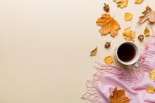 Flat Lay Composition With Colorful Autumn Cup Of Coffee And Leaves On A Color Background. Top View