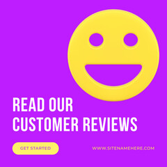 Poster - Read our customers reviews promo social media post e commerce advertising smiley 3d icon vector
