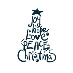 Wall Mural - Christmas tree design joe love piece hope vector concept saying lettering hand drawn shirt quote line art simple monochrome