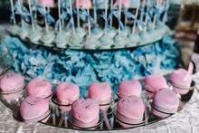 Candy Bar. Sweet Table In Pink And Blue Colors. Delicious Sweet Buffet With Cakes. Holiday Buffet With Cakes And Other Desserts.
