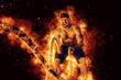© zamuruev - Muscular man working out with battle ropes. Flame background