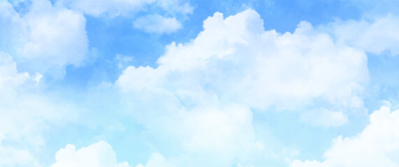 blue vector watercolor art background with white clouds and blue sky. hand drawn vector texture. hea