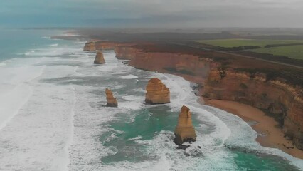 Poster - Famous twelve apostles at sunrise, great ocean road in victoria, australia. Drone viewpoint