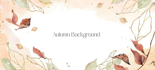 Wall Mural - watercolor vector autumn background of leaves and golden branches isolated on white.