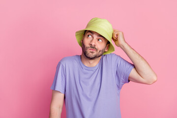 Sticker - Portrait of funny clueless guy boy wear stylish clothes shrugging shoulder arm touch cap dont know answer isolated on pink color background