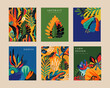 Set of six vector pre-made cards in modern abstract style with nature motifs, flowers, leaves and hand drawn texture.