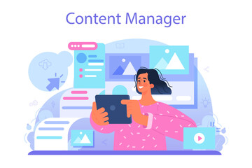Poster - Content manager concept. Idea of digital strategy and content production