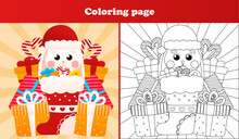 Cute Bunny Sitting In Christmas Stocking With Gift Boxes Coloring Page For Christmas Themed Children Activity Book, Printable Worksheet For Kids
