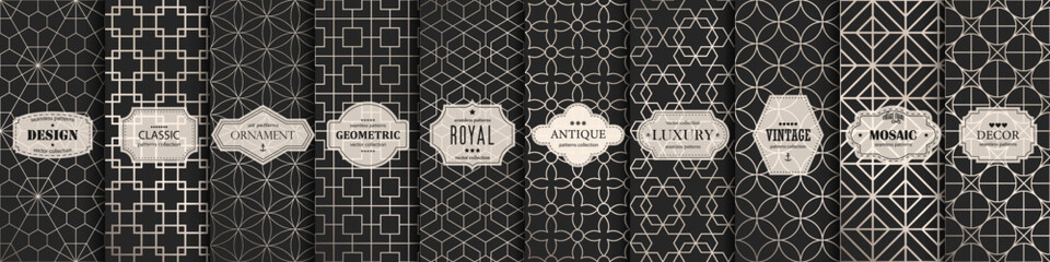 Collection of seamless ornamental geometric patterns - dark luxury design. Vector repeatable oriental elegant backgrounds. Black grid textures - symmetric prints