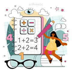 Wall Mural - Math school subject. Students studying arithmetics, algebra and geometry.