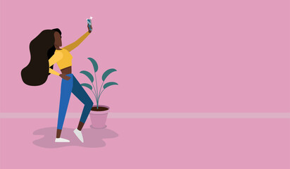 A beautiful black girl with long hair wearing blue denim and yellow jersey outfit is holding her phone and posing to take a selfie for social media illustration concept