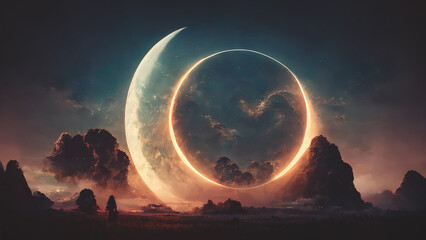 Wall Mural - abstract fantasy neon space landscape. star nebulae, month and moon, mountains, fog. unreal fantasy 