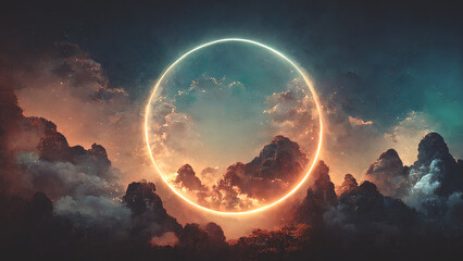 abstract fantasy neon space landscape. star nebulae, month and moon, mountains, fog. unreal fantasy 