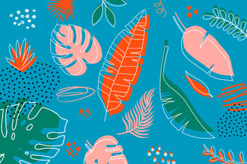 Wall Mural - Tropical leaves. Wallpaper. For banner, postcard and posters. Vector. Hand drawn doodle elements: dots, circles, doodles. Modern design.	