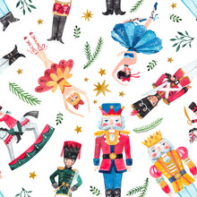 Christmas Watercolor Seamless Pattern With The Nutcracker, Ballerinas, Soldier, Stars, Christmas Decorations, Christmas Tree. Christmas Illustrations On White Background.