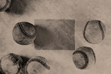 Old Retro Sports Style With Vintage Texture Over Game Balls From Baseball With Note Card And Copy Space In Sepia Tones.