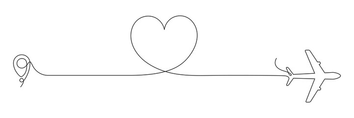 Poster - Airplane continuous line drawing with map pin pointer in heart shape. Airplane flying with start point. Vector isolated on white.