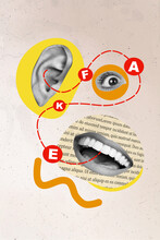 Vertical Collage Illustration Of Human Facial Parts Mouth Eye Ear Black White Colors Connect Listen Tell Fake News Letters Piece Newspaper Text