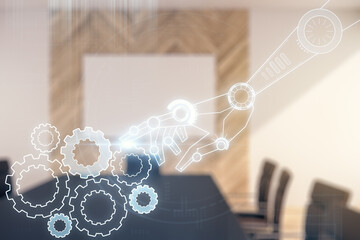 Aufkleber - Abstract virtual robotics technology hologram on a modern coworking room background, artificial intelligence and machine learning concept. Multi exposure