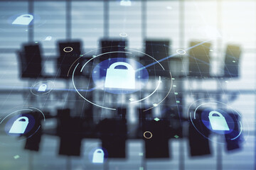 Poster - Virtual creative lock symbol and microcircuit illustration on a modern conference room background. Protection and firewall concept. Multiexposure
