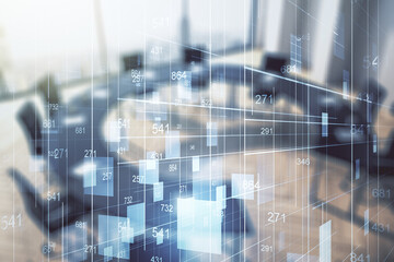 Poster - Multi exposure of creative statistics data hologram on a modern meeting room background, stats and analytics concept
