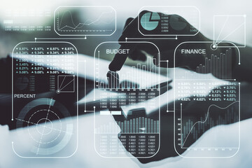 Poster - Multi exposure of stats data illustration with finger presses on a digital tablet on background, computing and analytics concept
