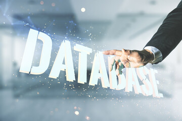Aufkleber - Double exposure of male hand presses on creative Database word hologram on blurred office background, research and development concept