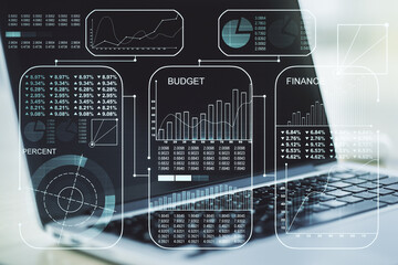 Fototapete - Abstract creative analytics data spreadsheet on modern computer background, analytics and analysis concept. Multiexposure