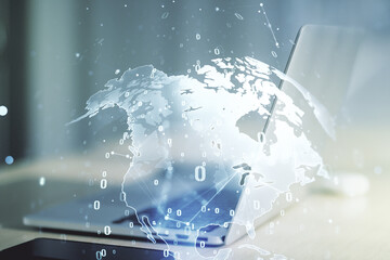 Aufkleber - Multi exposure of abstract software development hologram with world map on laptop background, global research and analytics concept