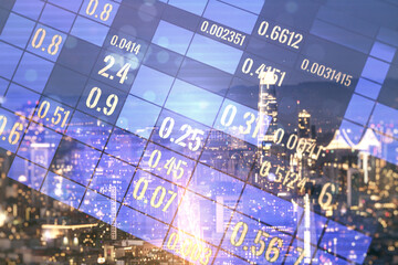 Poster - Multi exposure of abstract statistics data hologram interface on San Francisco office buildings background, computing and analytics concept