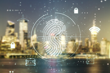 Aufkleber - Double exposure of virtual creative fingerprint hologram on blurry office buildings background, protection of personal information concept