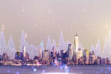 Poster - Multi exposure of creative statistics data hologram on New York city skyscrapers background, stats and analytics concept