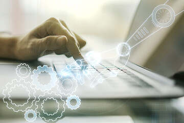Aufkleber - Creative concept of robotics technology and hands typing on laptop on background. Robot development and automation concept. Multiexposure