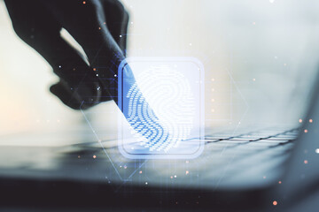 Poster - Abstract creative fingerprint illustration with hands typing on laptop on background, personal biometric data concept. Multiexposure