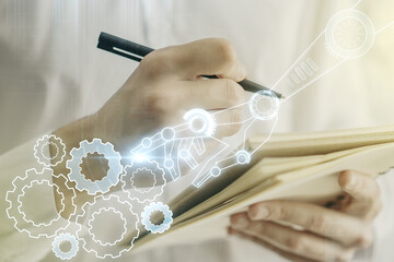 Aufkleber - Creative abstract robotics technology hologram and man hand writing in diary on background, artificial intelligence and machine learning concept. Multi exposure
