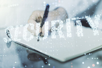 Poster - Cyber security creative concept with man hand writing in notepad on background. Double exposure