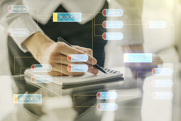 Poster - Double exposure of abstract programming language with man hand writing in notebook on background, research and development concept