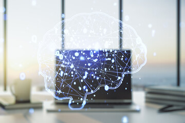 Poster - Double exposure of creative artificial Intelligence symbol with modern laptop on background. Neural networks and machine learning concept