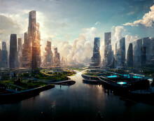 A Futuristic City Or City Of The Future From Science Fiction At Sunset With The Skyscrapers Lighten By Golden Hour In The Middle Of A Cloudy Blue Sky, Near A River. 