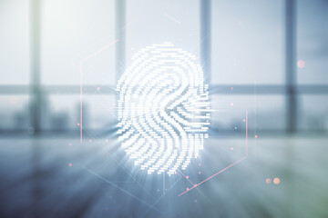 Aufkleber - Multi exposure of virtual creative fingerprint hologram on empty corporate office background, personal biometric data concept